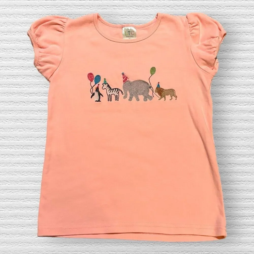 LTC Girls 10 Pink Zoo Animal Birthday Parade Tee Shirt Cap Sleeve